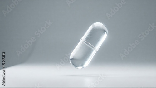 Isolated clear pharmaceutical capsule on light gray studio background
