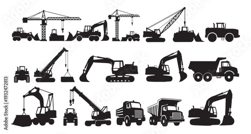 Set of various construction vehicles and heavy machinery silhouettes on white background