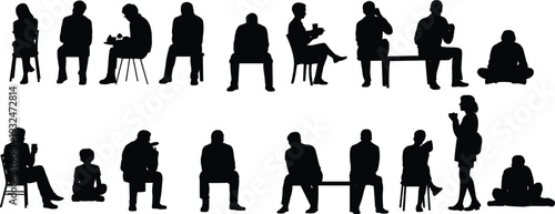 Collection of people silhouettes sitting on chairs and benches in various poses isolated on white background, everyday lifestyle and waiting concept illustration set