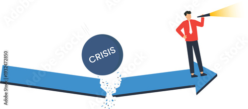 Businessman looking forward thinking, crisis management, business challenge, telescope searching future vision, falling obstacle broken arrow, risk assessment corporate strategy.
