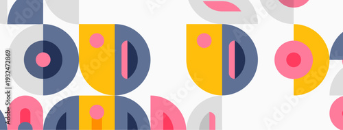 Geometric shapes repeat, creating playful pattern. Colors include yellow, blue, pink, gray. Modern design feels retro, vibrant.