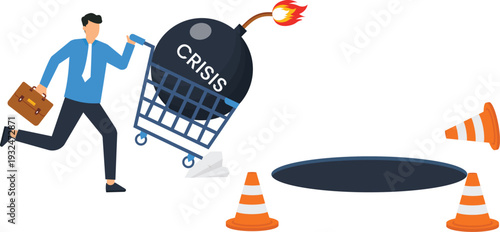 Businessman running pushing crisis bomb shopping cart avoiding dangerous hole economic downturn financial risk corporate failure urgent problem conceptual illustration