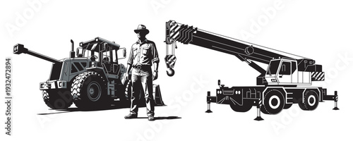 Construction worker with loader and crane in black and white illustration