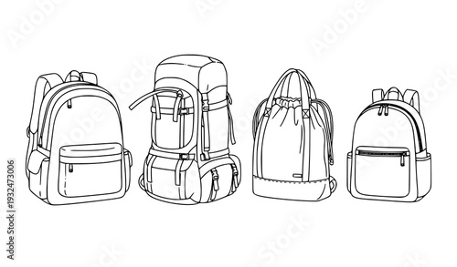 Minimal hand drawn backpacks line art vector illustration
