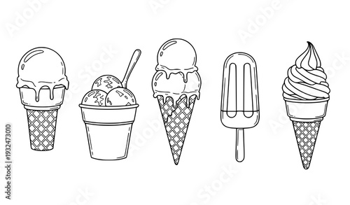 Minimal hand drawn ice cream linear vector illustration set
