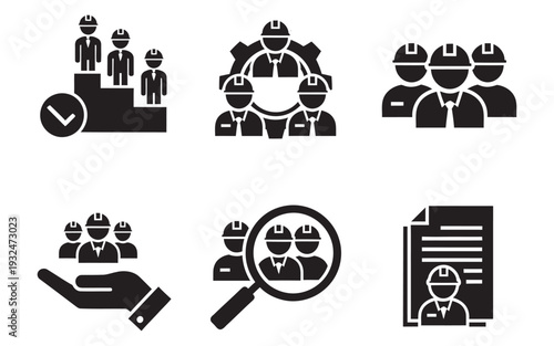 Human resources and construction team management icons for hiring engineering experts