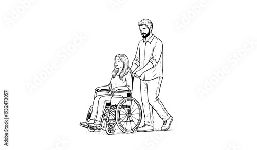 Inclusion concept man walking with woman in wheelchair sketch vector