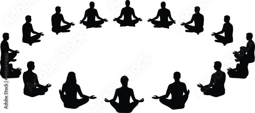 Group of people silhouettes meditating in lotus pose arranged in circle isolated on white background, yoga and mindfulness concept illustration
