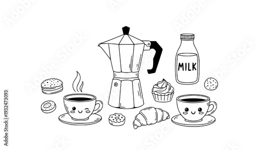 Cute doodle cozy morning coffee ritual vector illustration