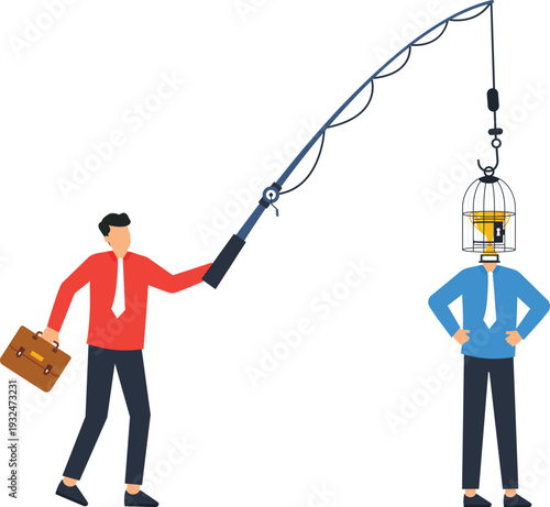 Businessman manipulation strategy fishing rod dangling golden trophy baiting corporate incentive scheme reward trap competition motivation business concept
