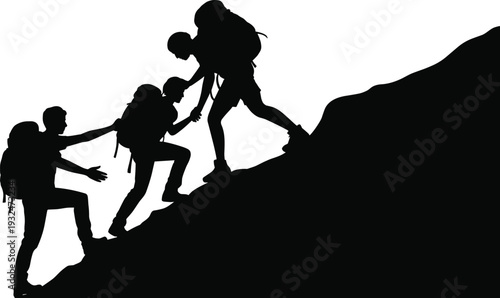 Hikers silhouettes climbing steep mountain helping each other isolated on white background, teamwork support adventure and leadership concept illustration