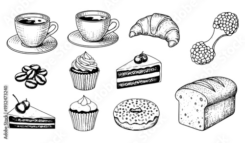 Vintage coffee and bakery engraved vector illustration set
