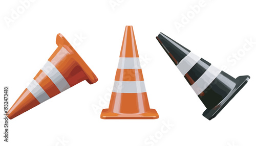 Set of three traffic cones, two orange and one black, with white reflective stripes