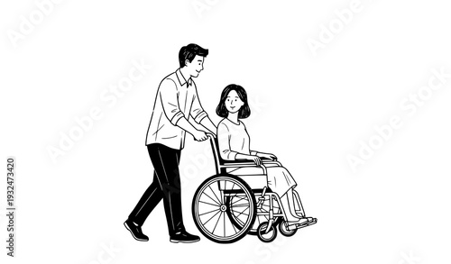 Young couple embracing in wheelchair inclusion minimal silhouette vector