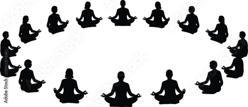 People silhouettes meditating in lotus pose arranged in circular formation isolated on white background, yoga mindfulness and wellness illustration set