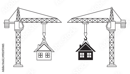 Two construction cranes lifting houses, one outline and one solid black