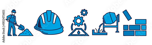 Set of blue construction icons including worker, helmet, gears, and cement mixer