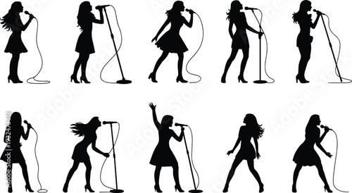 Set of female singer silhouettes with microphone and stand isolated on white background, dynamic music performance poses for concert entertainment design projects