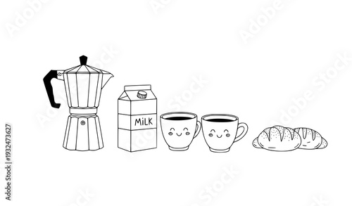 Playful black and white coffee doodle with pastries vector