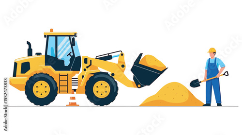 Construction site with front loader dumping sand and worker with shovel