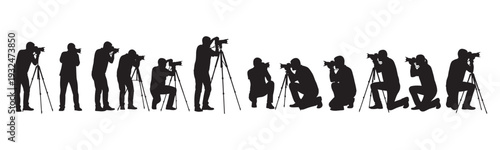 Silhouette photographers capturing moments, various poses with cameras and tripods