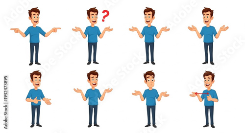 Man in various poses expressing different emotions and gestures with hands.
