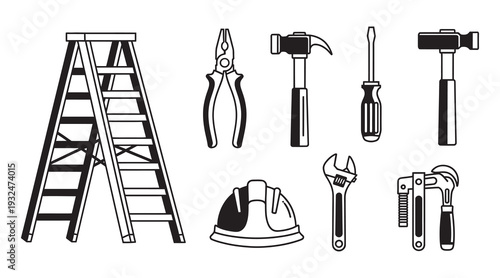 Industrial safety and maintenance equipment set with ladder helmet and various tools