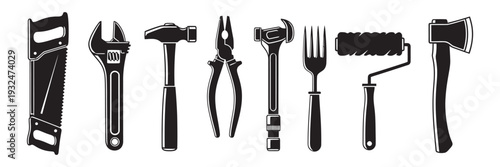 Collection of manual labor tools icons featuring saw wrench hammer pliers and roller