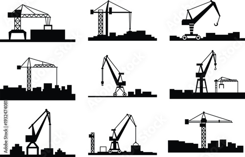 Black Industrial Construction Crane Silhouettes Set Featuring Tower Cranes and Port Machinery Icons Isolated on White Background for Engineering and Cargo Logistics Design Concepts