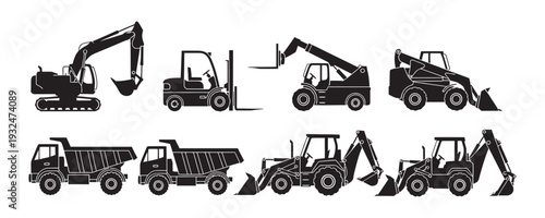 Collection of black and white construction machinery silhouettes on white background