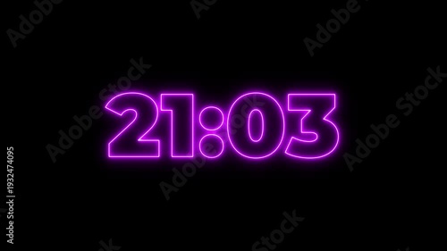 Glowing neon colorful 23 minute countdown animation from 1380 seconds to 0 seconds. 23 minute countdown timer on a black background 4k video