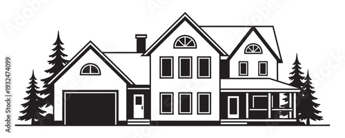 Classic family house with two floors and an attached garage with spruce trees