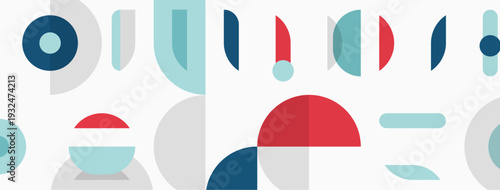 Abstract geometric shapes overlap, creating modern design. Blue, gray, red colors dominate composition. Minimalist aesthetic.