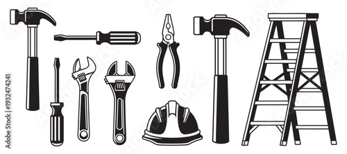 Collection of hand tools silhouette vector set hammer wrench screwdriver pliers
