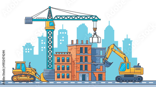 Construction site with heavy machinery and buildings in city skyline background