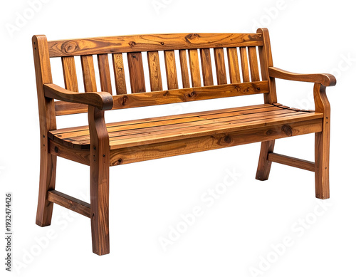 A full, detailed view of a wooden bench with arms and back, presented against a black background