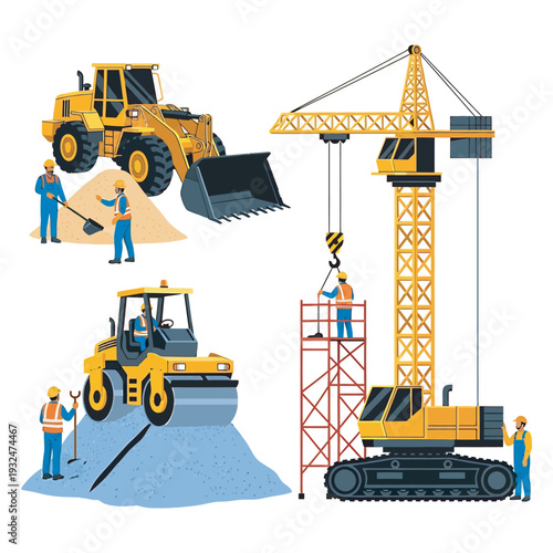 heavy construction machinery and workers at building site, industrial equipment