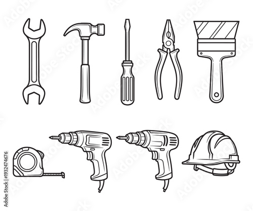 Set of construction tools and safety helmet vector illustration for work and repair