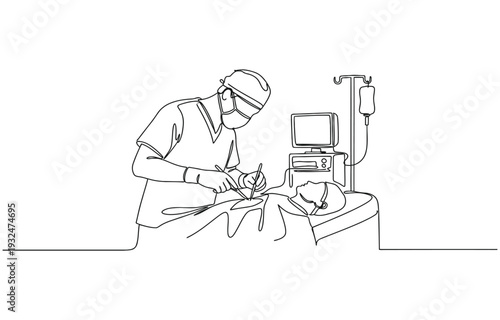 Doctor is performing surgery, one continuous line, vector line art.