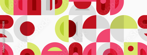 Retro pattern features overlapping circles, squares, curves. Soft pinks, greens contrast with white background. Geometric design creates playful texture.