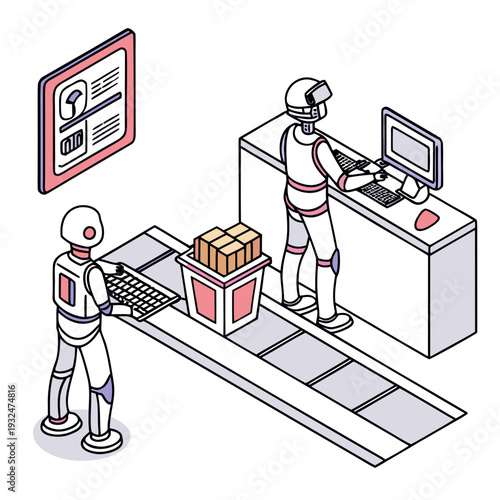 Robots working efficiently in modern warehouse with computer and package