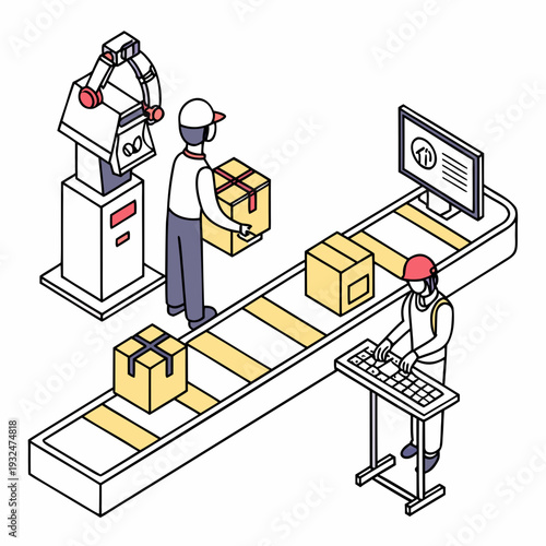 Workers efficiently manage packages on a conveyor belt in a modern warehouse