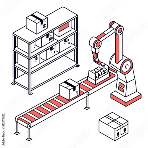 Automated robotic arm efficiently sorts packages on conveyor belt