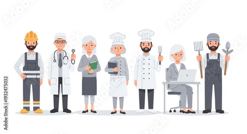 Diverse group of professionals standing together, showcasing various occupations and careers in society.