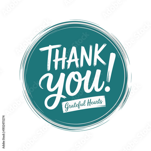 Thank you and grateful heart on teal circle sticker isolated on white background