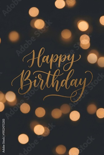 Elegant dark birthday card background with warm bokeh lights and gold calligraphy text for celebration greeting and party invitation design