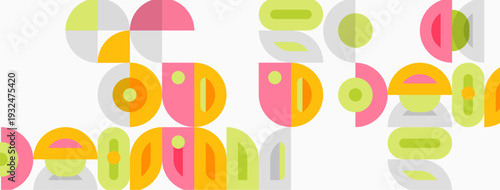 Abstract geometric shapes overlap, creating playful pastel pattern. Circles, rectangles, soft colors dominate composition.