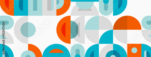 Geometric pattern features overlapping circles, semicircles, squares. Colors include orange, teal, gray, white. Modern design aesthetic.