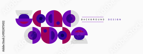 Abstract circles, purple, gray. Minimalist design, modern aesthetic. Clean lines, simple shapes, balanced composition. Background element.