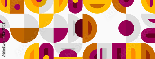Geometric pattern features circles, semicircles, rectangles. Colors include yellow, brown, maroon, gray. Simple, repeating design creates modern aesthetic.